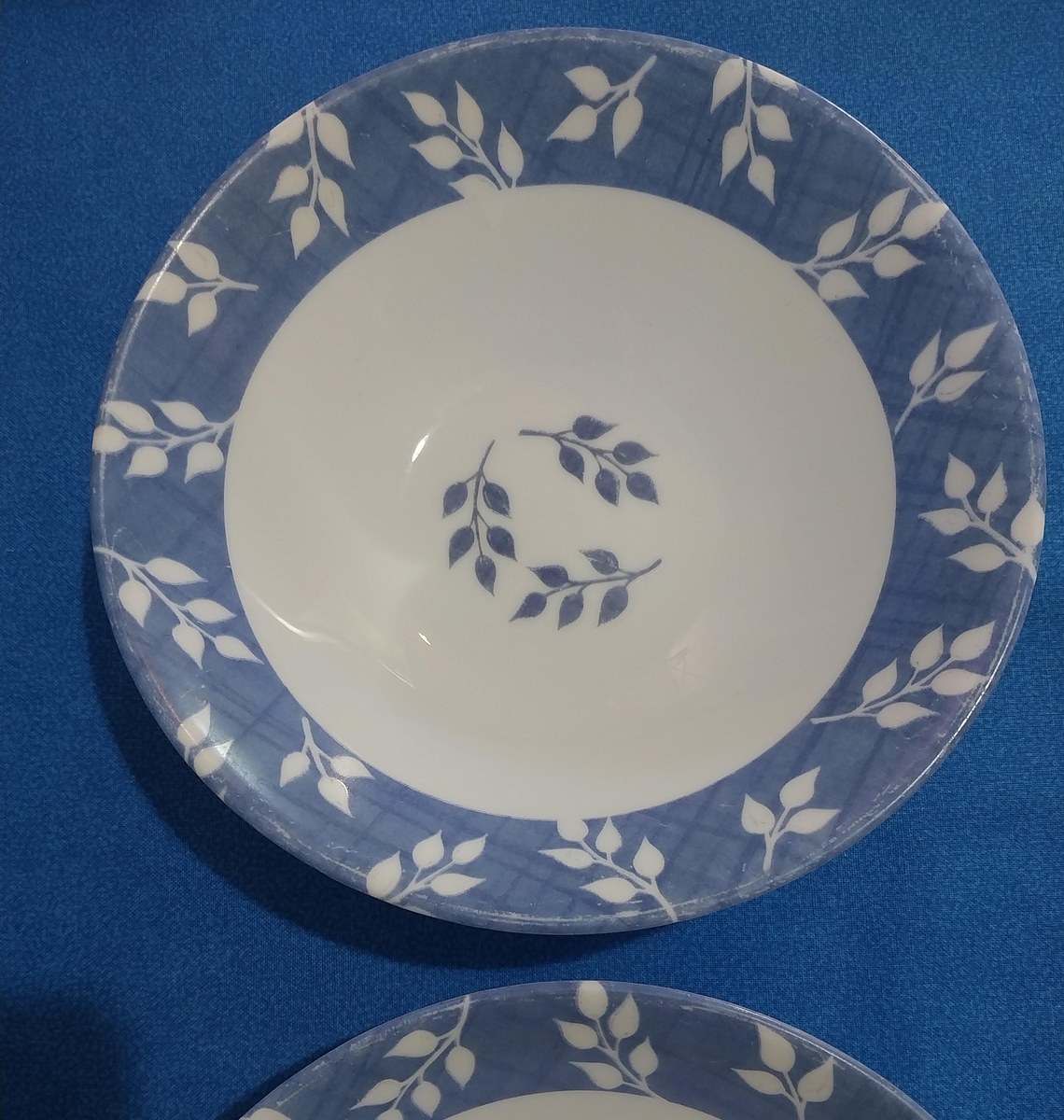 Vintage Arcopal Blue Leaf Dinnerware Set: French Opal Glass, Mid-Century Modern, view 3