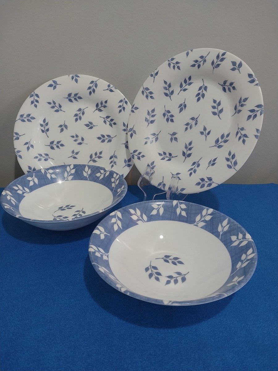 Vintage Arcopal Blue Leaf Dinnerware Set: French Opal Glass, Mid-Century Modern, view 9