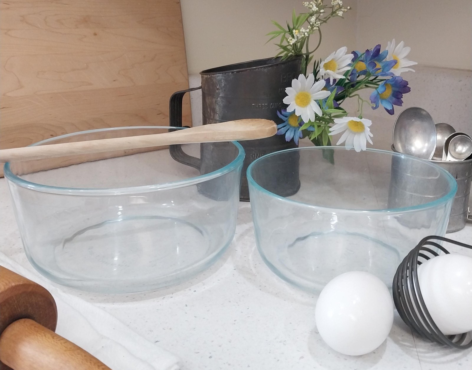 Vintage Pyrex Mixing Bowl Set: Clear Blue Green Glass, MCM Kitchenware