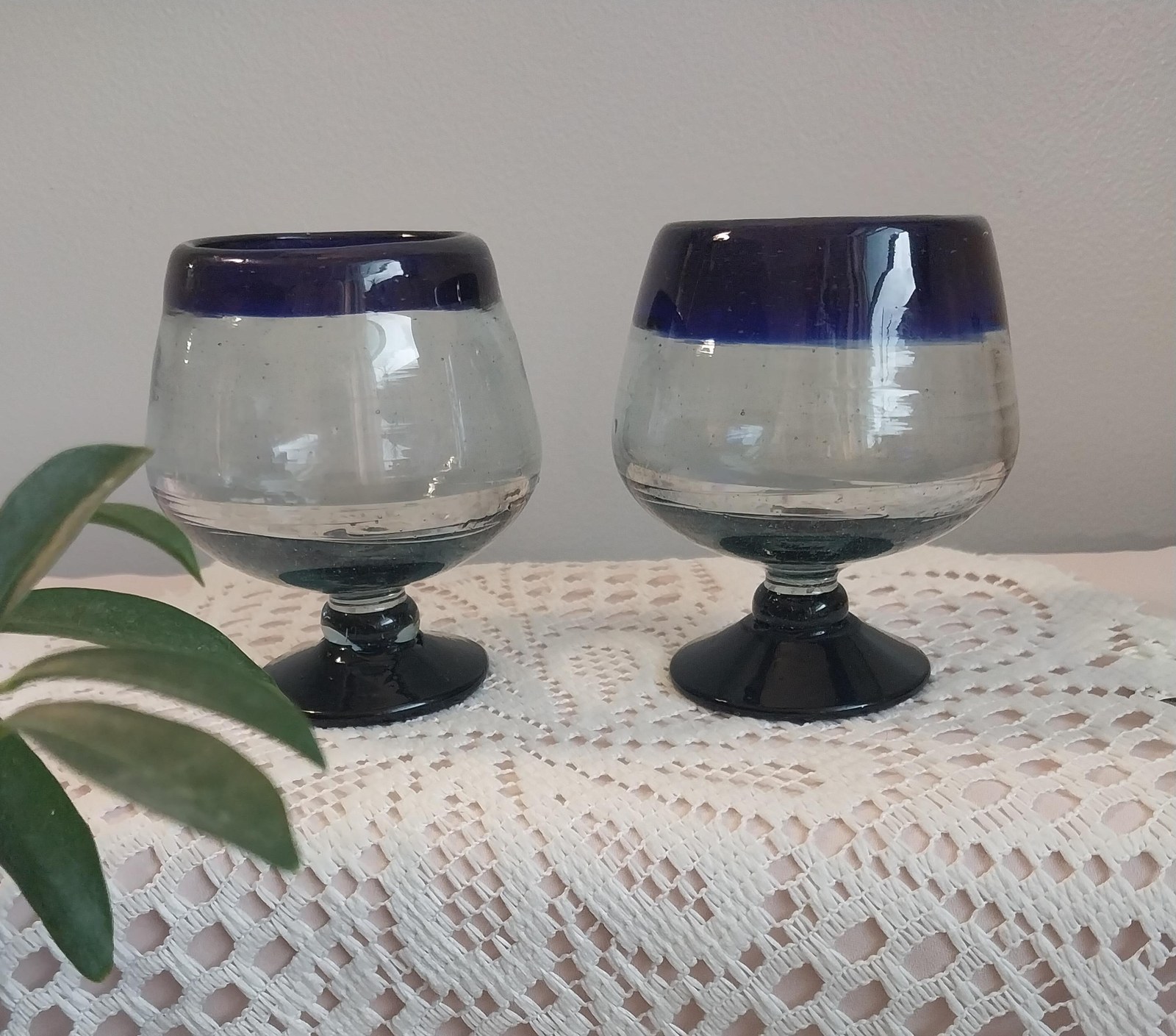 Vintage Hand Blown Mexican Cognac Glasses: Cobalt Blue Rim, Recycled Glass, Set of 2