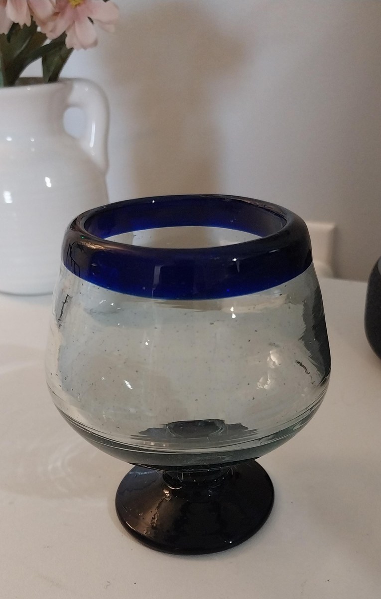Vintage Hand Blown Mexican Cognac Glasses: Cobalt Blue Rim, Recycled Glass, Set of 2, view 10
