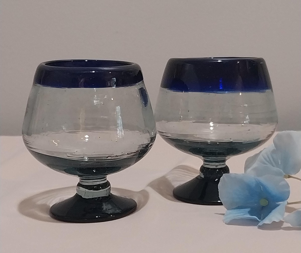 Vintage Hand Blown Mexican Cognac Glasses: Cobalt Blue Rim, Recycled Glass, Set of 2, view 2