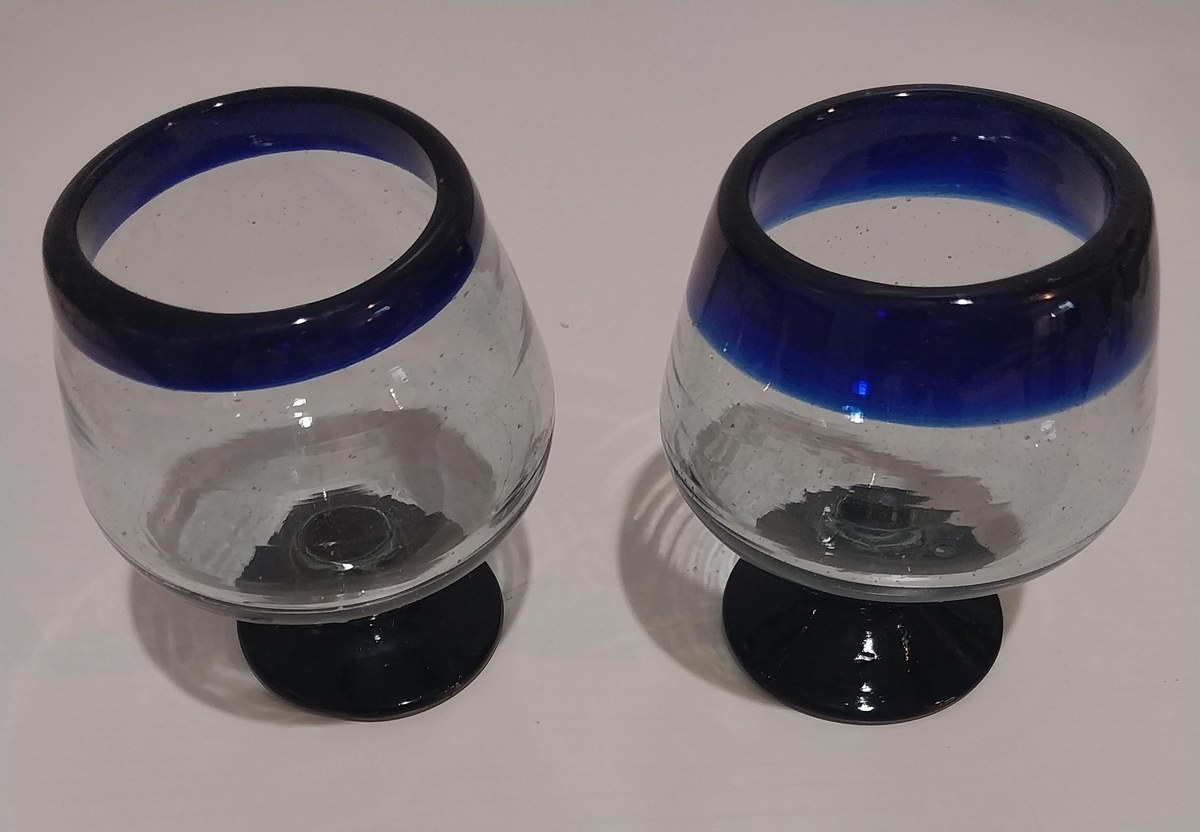 Vintage Hand Blown Mexican Cognac Glasses: Cobalt Blue Rim, Recycled Glass, Set of 2, view 3