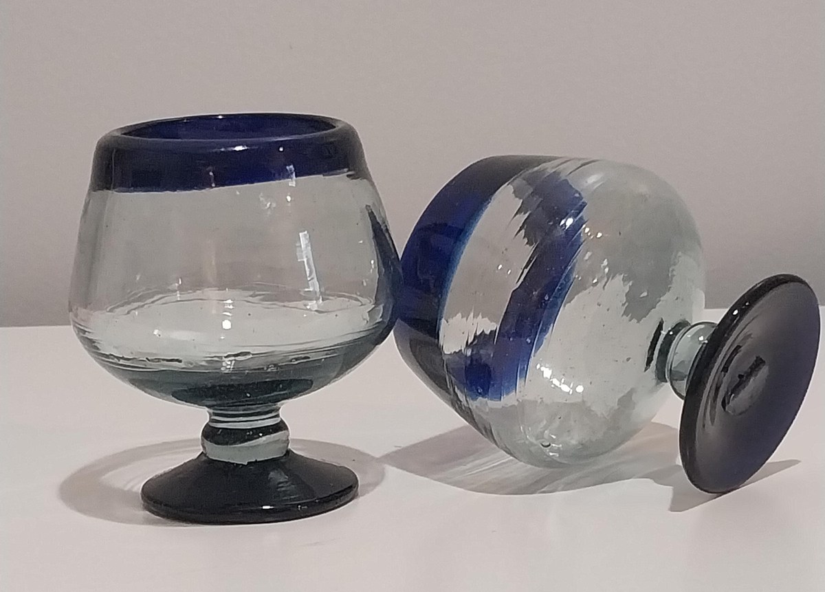 Vintage Hand Blown Mexican Cognac Glasses: Cobalt Blue Rim, Recycled Glass, Set of 2, view 5