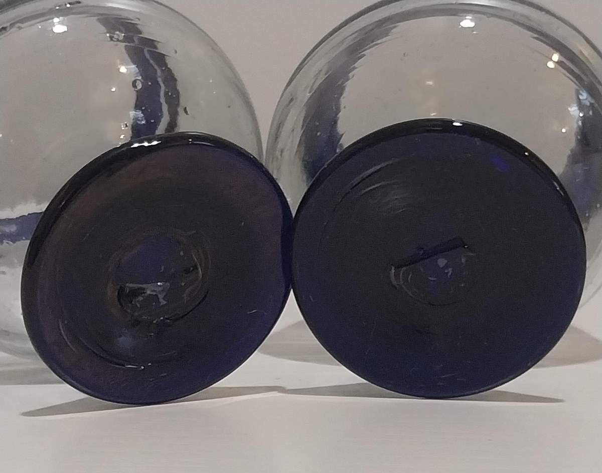 Vintage Hand Blown Mexican Cognac Glasses: Cobalt Blue Rim, Recycled Glass, Set of 2, view 6