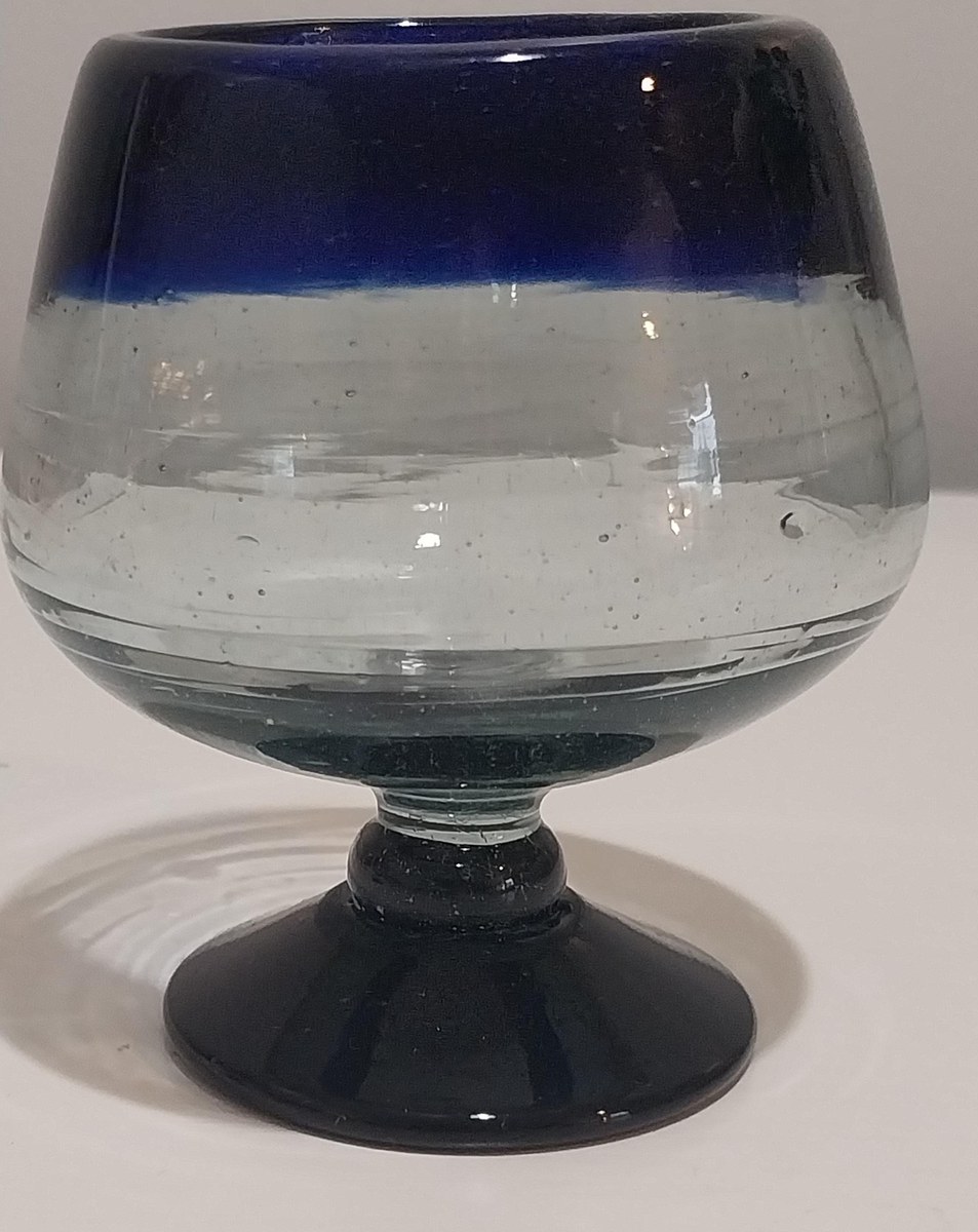 Vintage Hand Blown Mexican Cognac Glasses: Cobalt Blue Rim, Recycled Glass, Set of 2, view 7