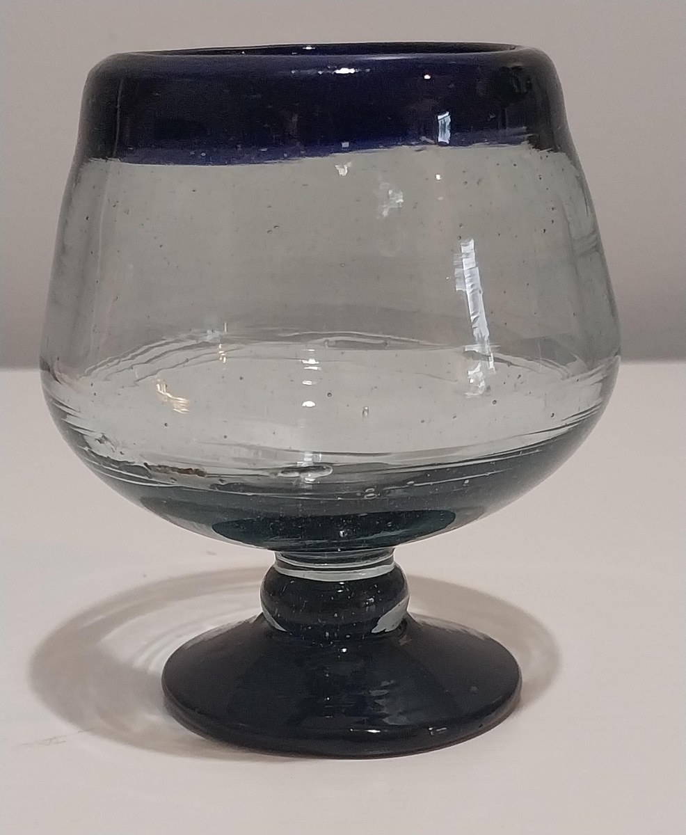 Vintage Hand Blown Mexican Cognac Glasses: Cobalt Blue Rim, Recycled Glass, Set of 2, view 8
