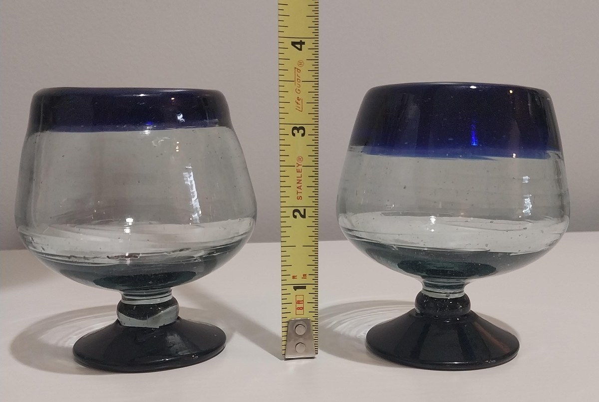 Vintage Hand Blown Mexican Cognac Glasses: Cobalt Blue Rim, Recycled Glass, Set of 2, view 9