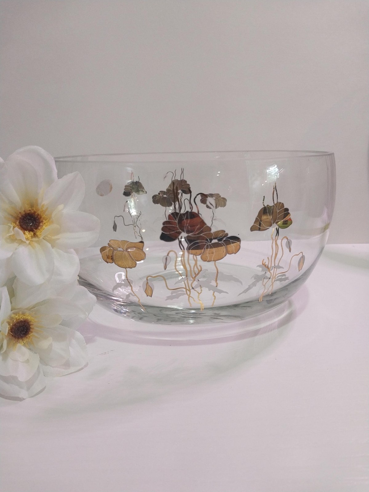Vintage Mouthblown Glass Bowl: 12K Gold Floral, Turkish 1960s