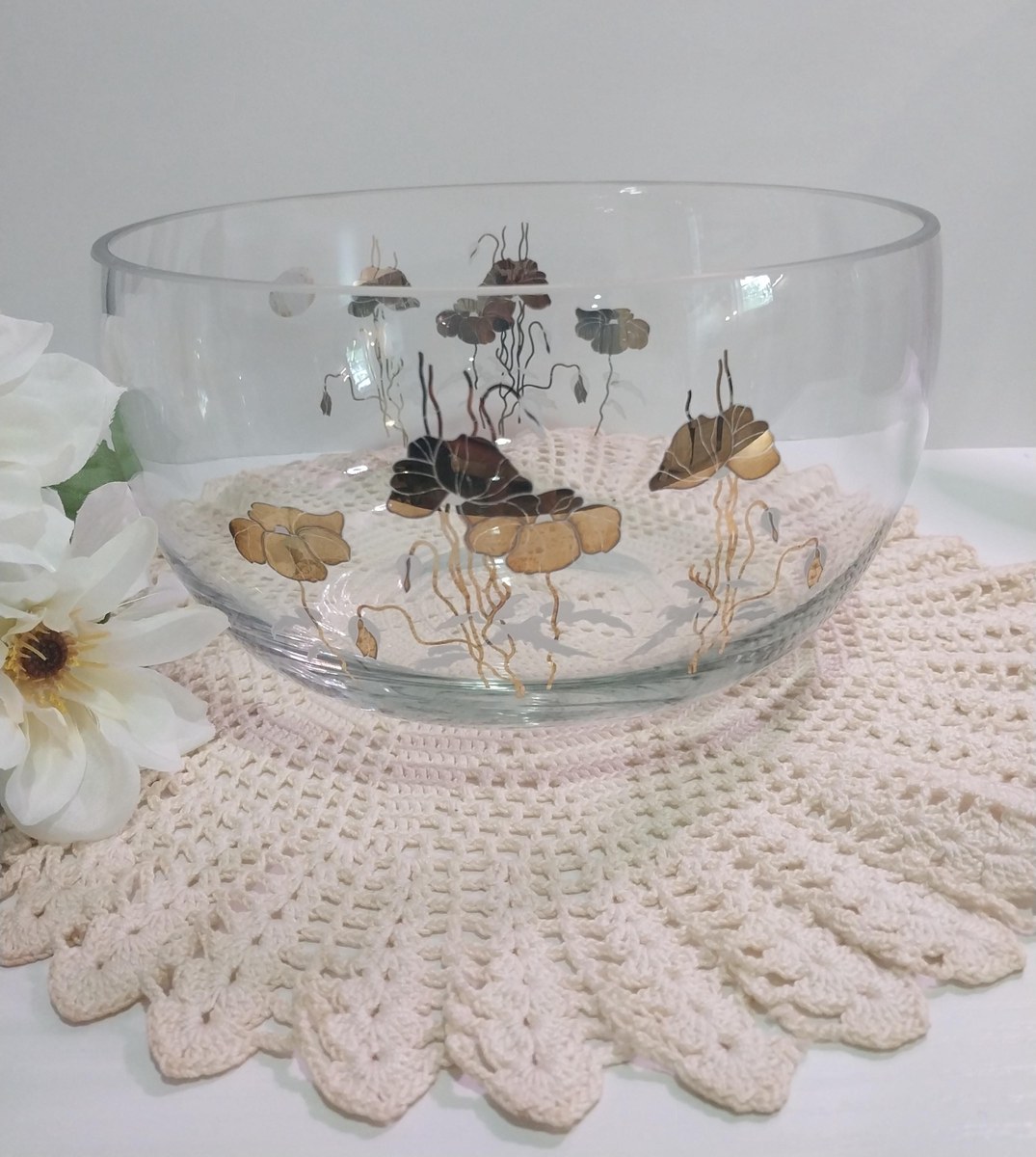 Vintage Mouthblown Glass Bowl: 12K Gold Floral, Turkish 1960s, view 10