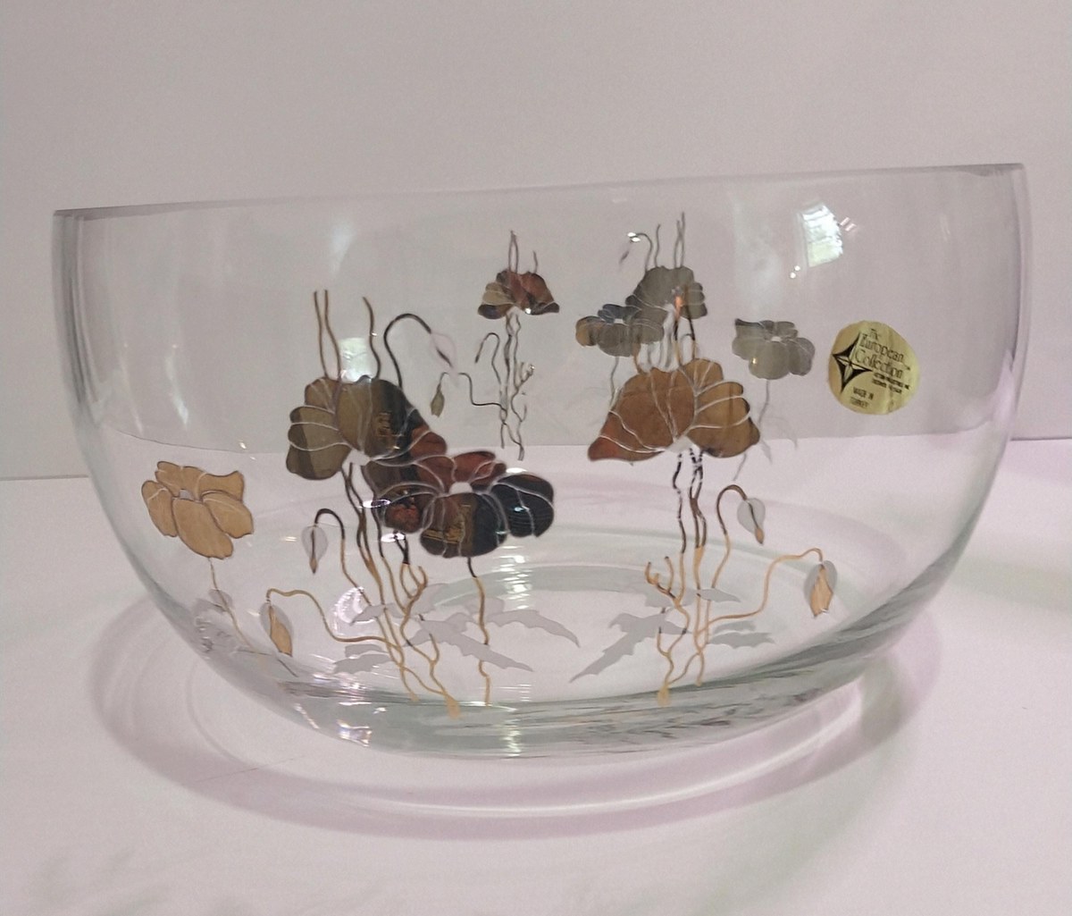Vintage Mouthblown Glass Bowl: 12K Gold Floral, Turkish 1960s, view 2