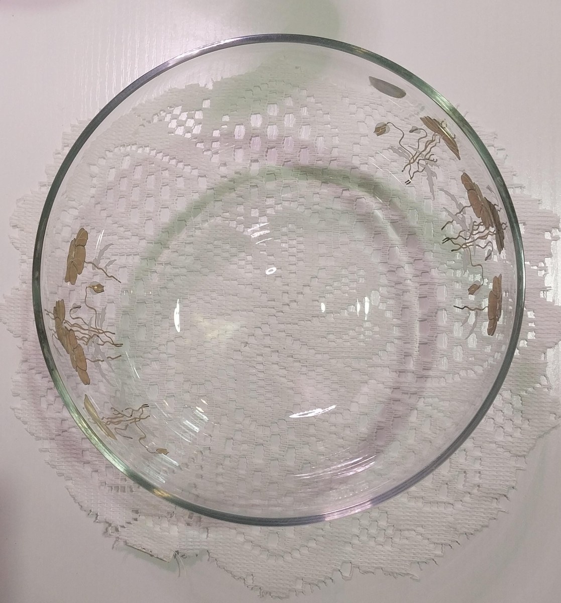 Vintage Mouthblown Glass Bowl: 12K Gold Floral, Turkish 1960s, view 3