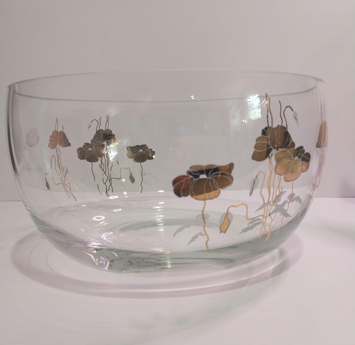 Vintage Mouthblown Glass Bowl: 12K Gold Floral, Turkish 1960s, view 9