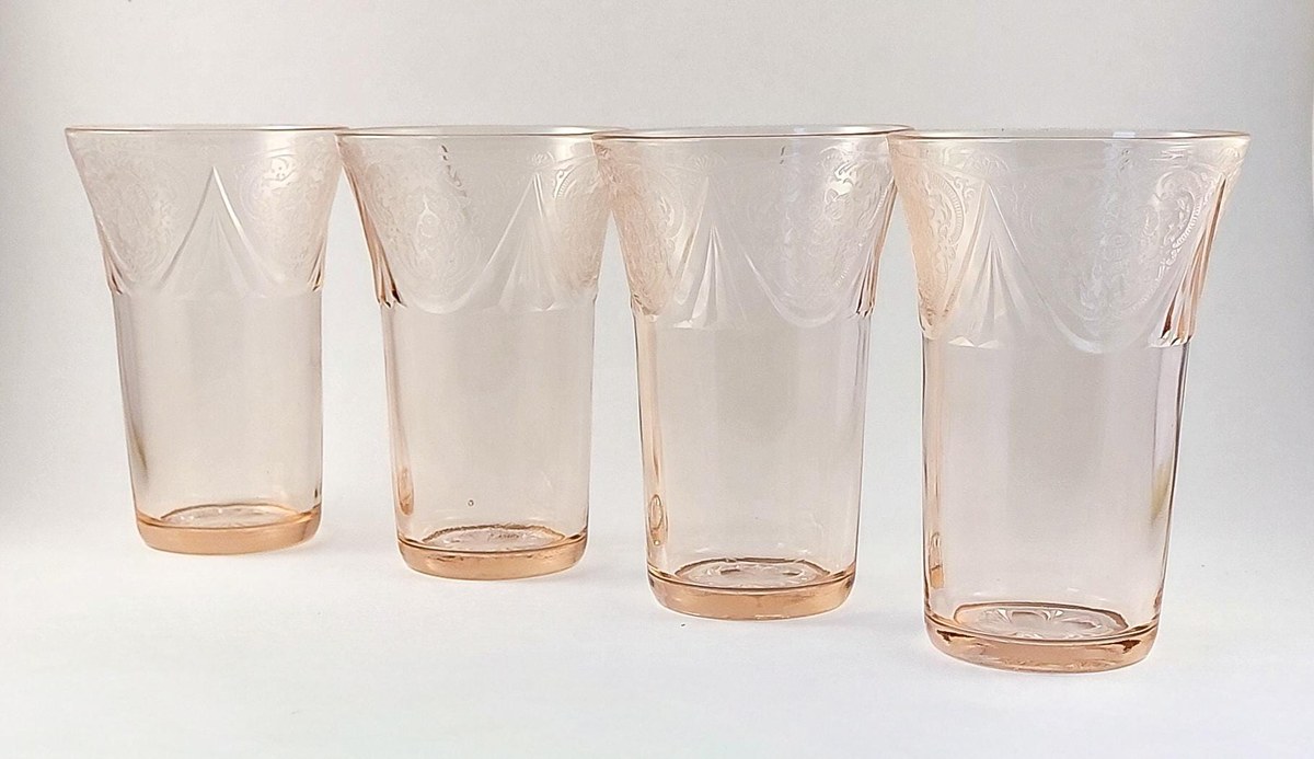 Hazel Atlas Royal Lace Pink Depression Glass Tumblers Set of 4 Rare 12 oz Iced Tea Glasses 1934-1941, view 2