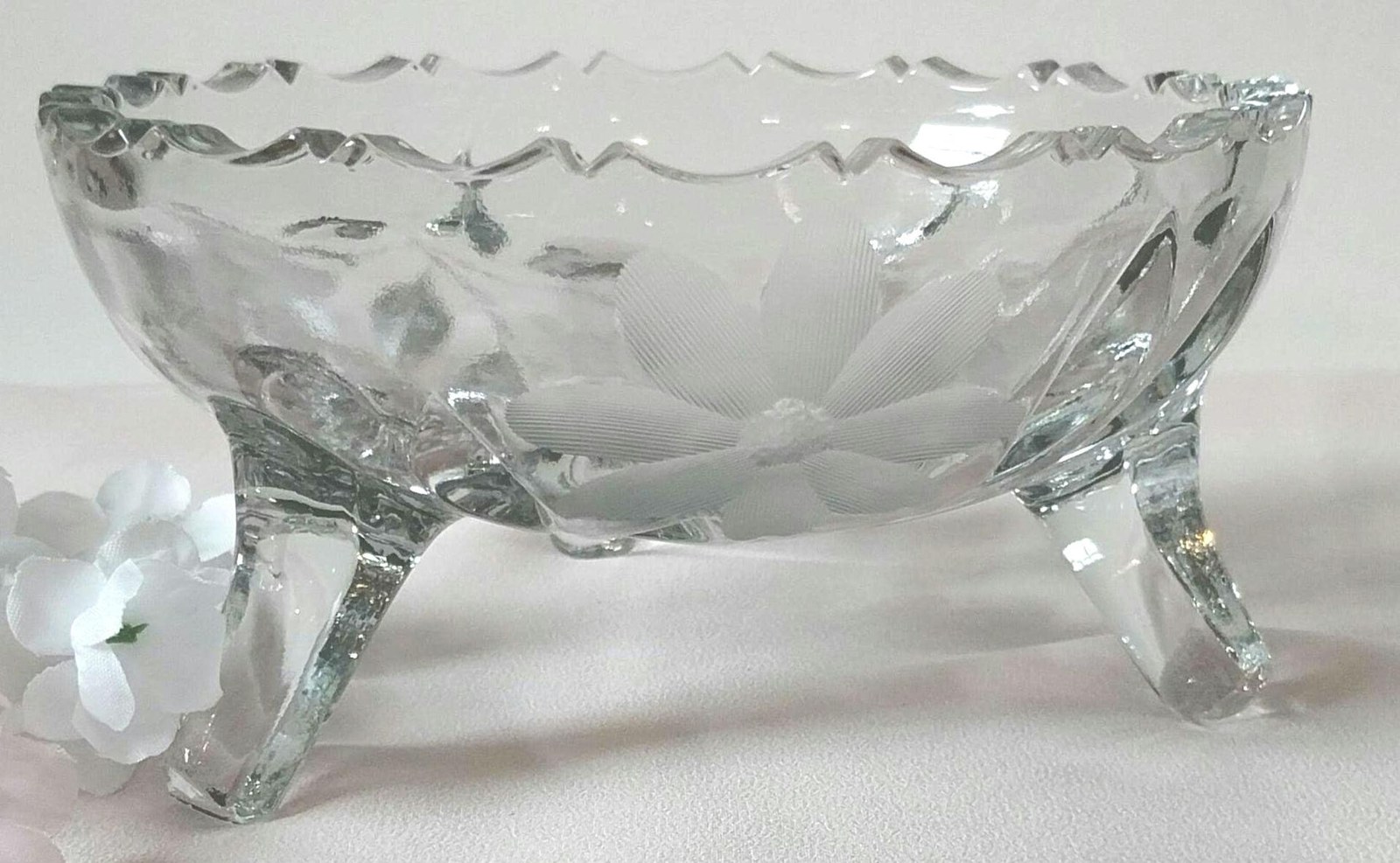 Vintage Oleander Cut Crystal Footed Bowl, Etched Daisy Candy Dish