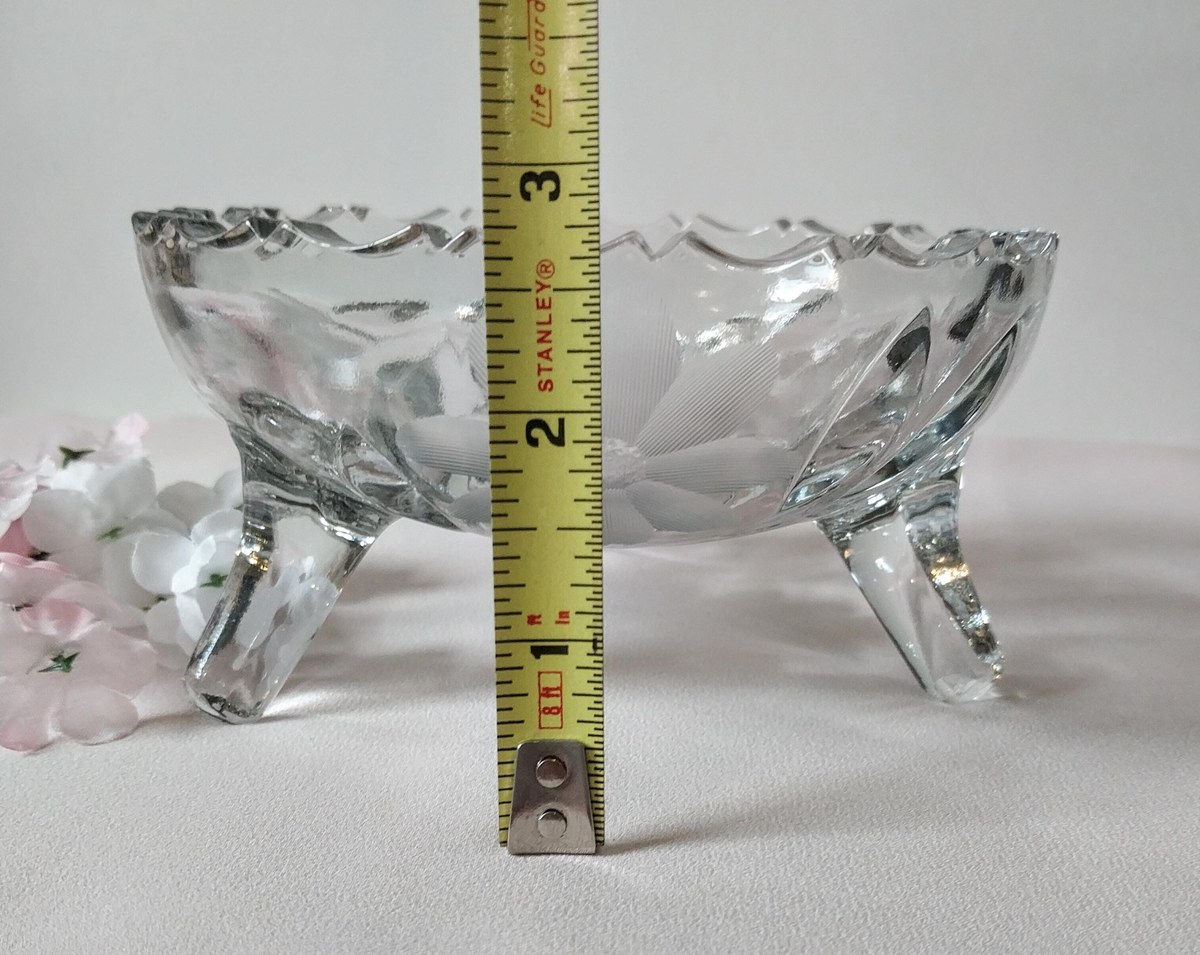 Vintage Oleander Cut Crystal Footed Bowl, Etched Daisy Candy Dish, view 10