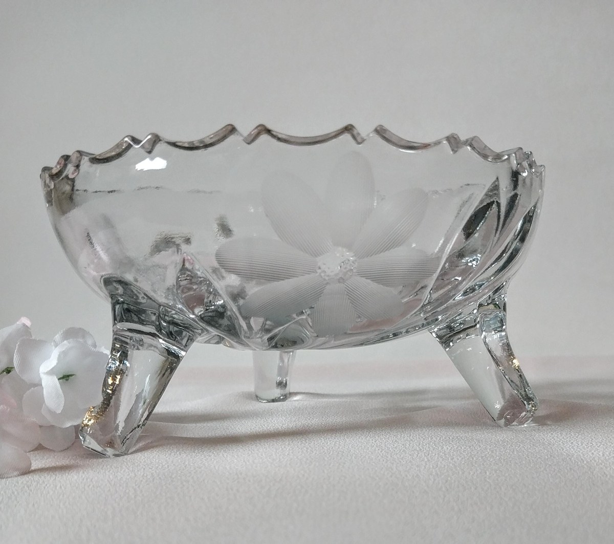 Vintage Oleander Cut Crystal Footed Bowl, Etched Daisy Candy Dish, view 3