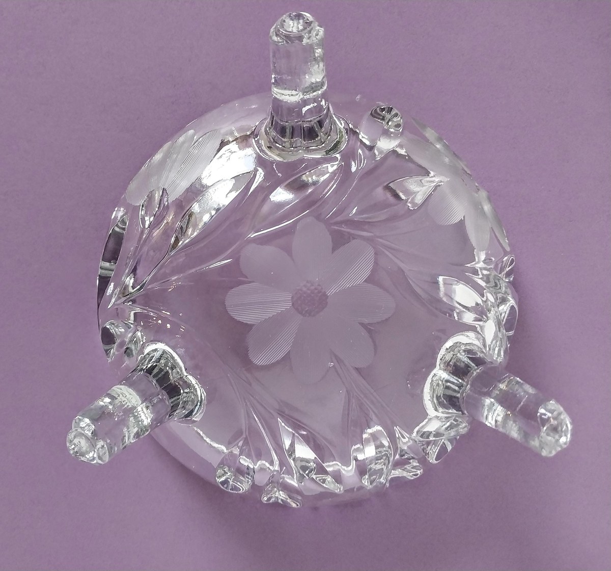Vintage Oleander Cut Crystal Footed Bowl, Etched Daisy Candy Dish, view 6