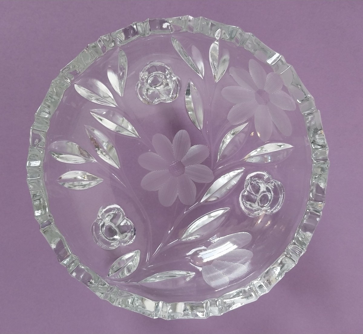 Vintage Oleander Cut Crystal Footed Bowl, Etched Daisy Candy Dish, view 7