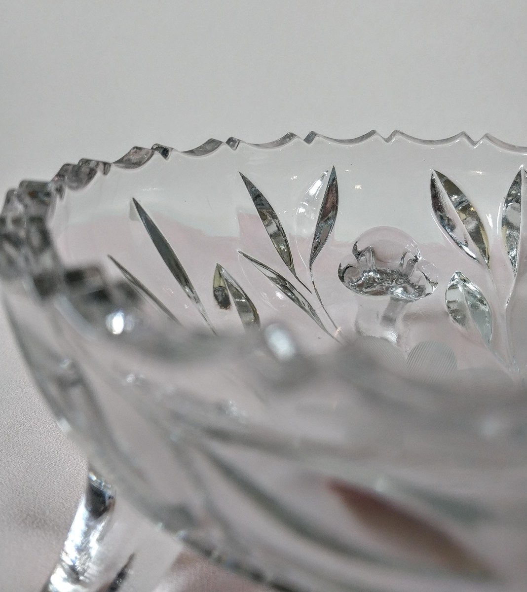 Vintage Oleander Cut Crystal Footed Bowl, Etched Daisy Candy Dish, view 8