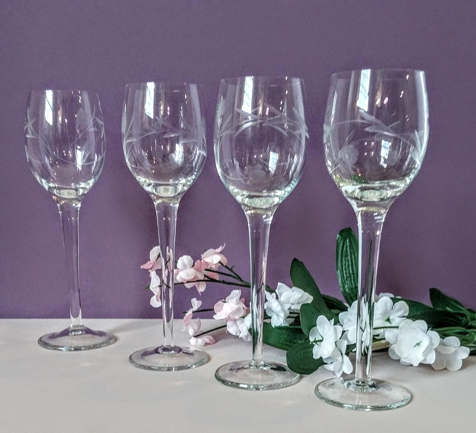Etched Crystal Wine Glasses - Set of 4 Hand Blown Floral Goblets