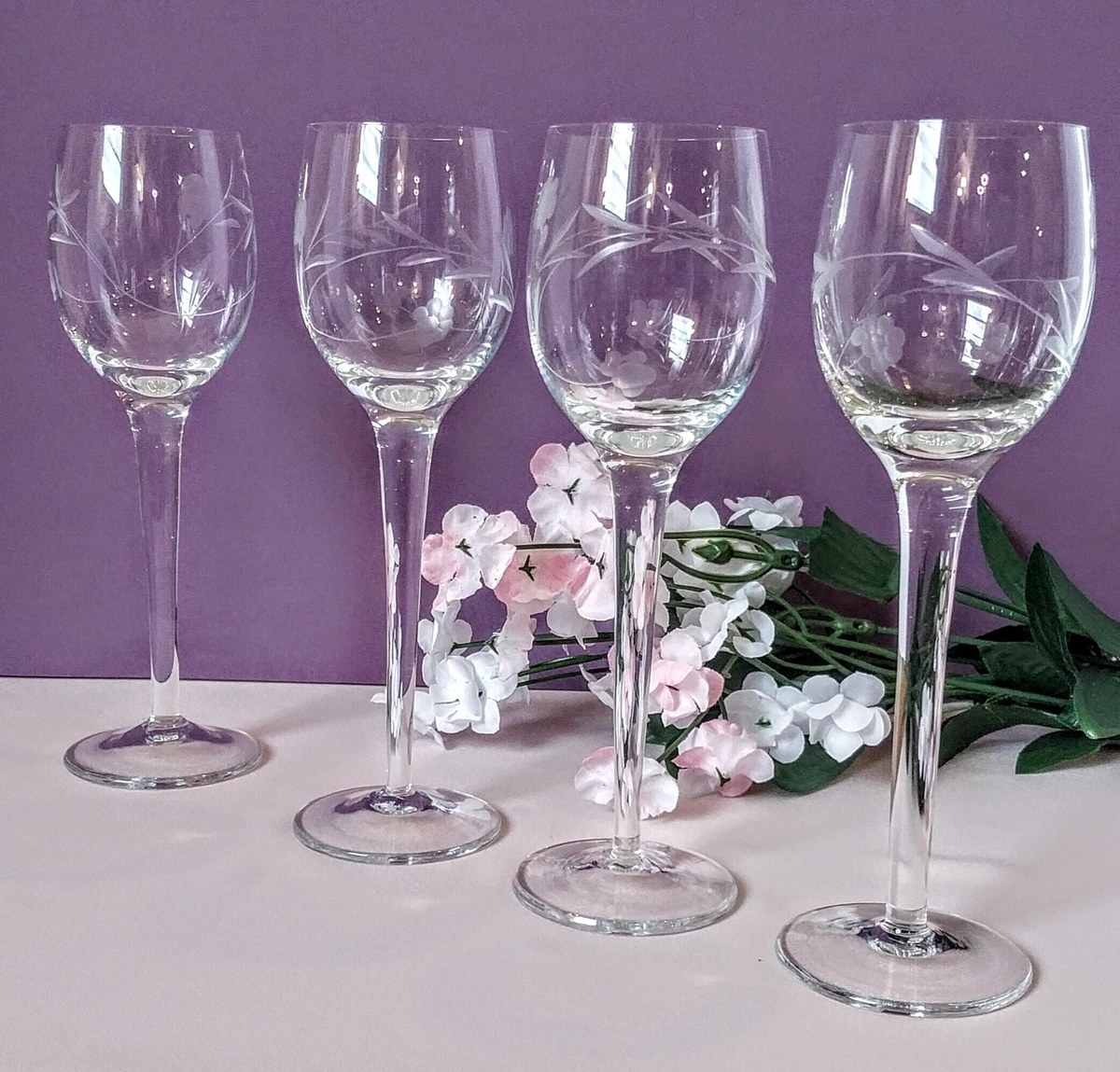 Etched Crystal Wine Glasses - Set of 4 Hand Blown Floral Goblets, view 10