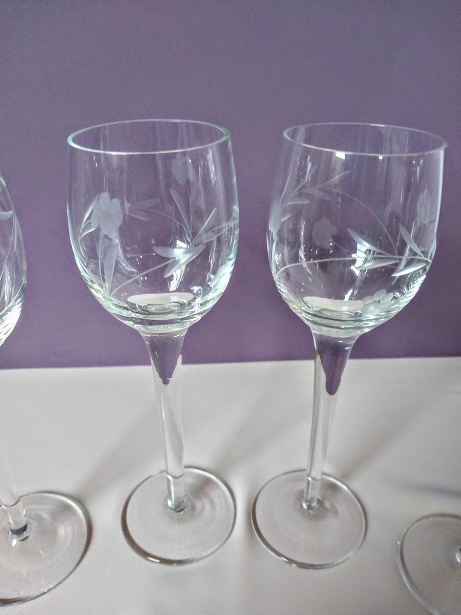 Etched Crystal Wine Glasses - Set of 4 Hand Blown Floral Goblets, view 2