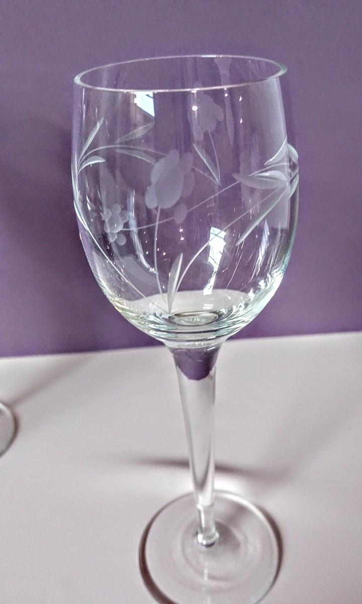 Etched Crystal Wine Glasses - Set of 4 Hand Blown Floral Goblets, view 5