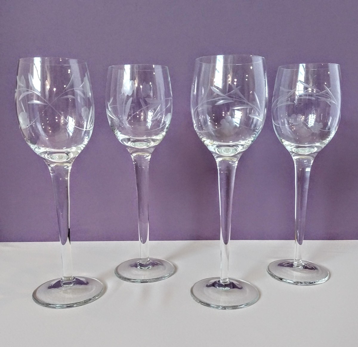Etched Crystal Wine Glasses - Set of 4 Hand Blown Floral Goblets, view 9
