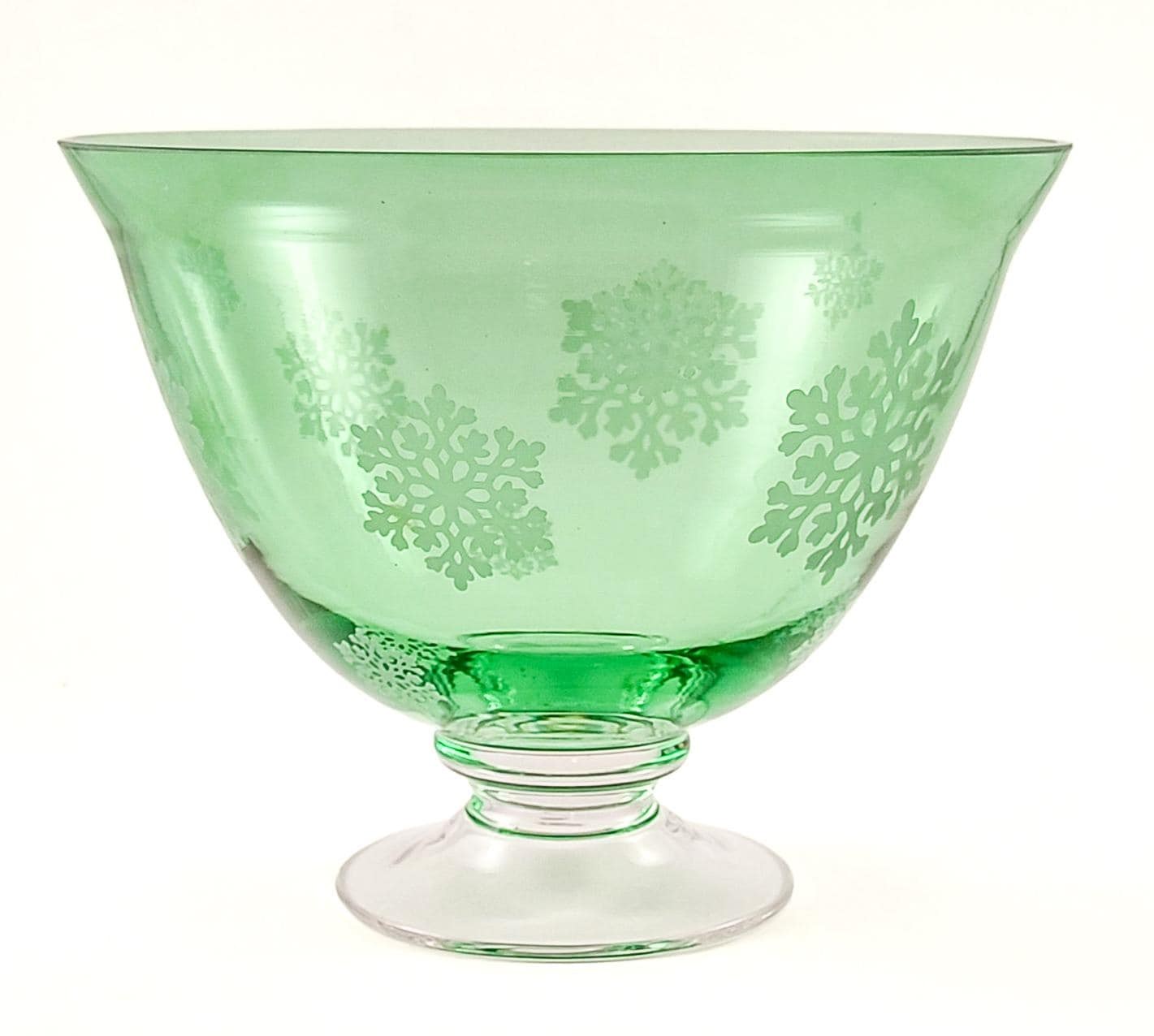 Vintage Green Glass Snowflake Pedestal Bowl FTD Compote Christmas Centerpiece