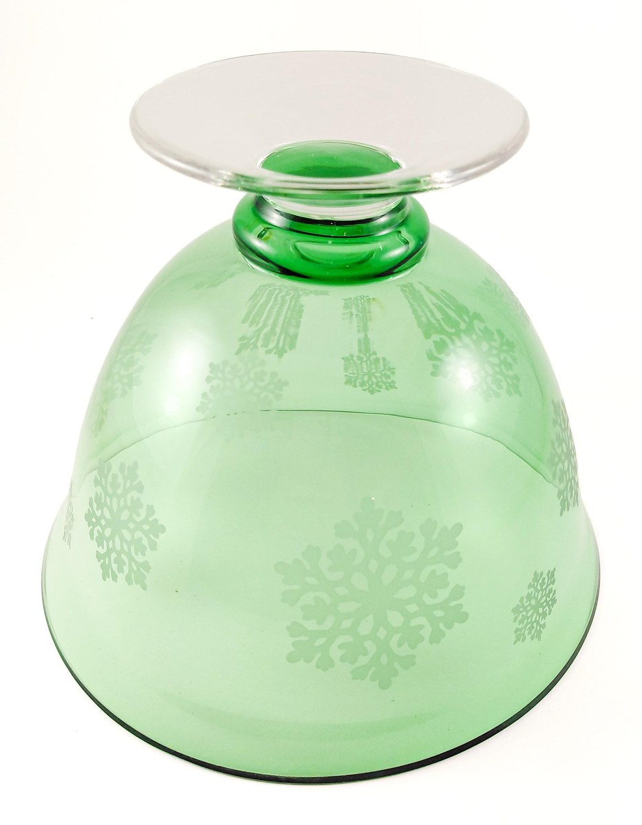 Vintage Green Glass Snowflake Pedestal Bowl FTD Compote Christmas Centerpiece, view 10