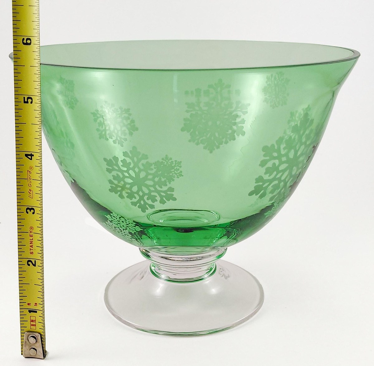Vintage Green Glass Snowflake Pedestal Bowl FTD Compote Christmas Centerpiece, view 13