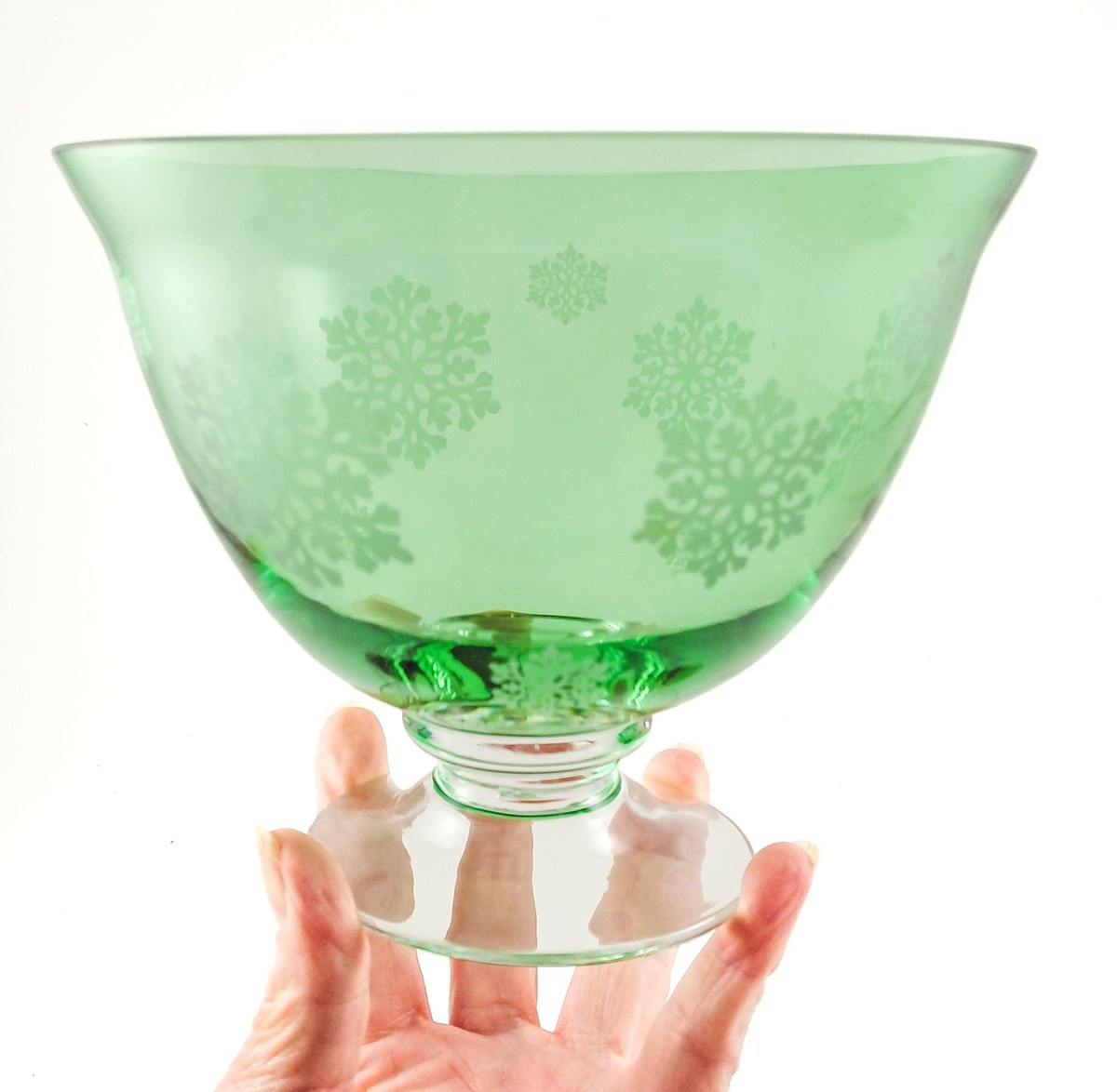 Vintage Green Glass Snowflake Pedestal Bowl FTD Compote Christmas Centerpiece, view 15