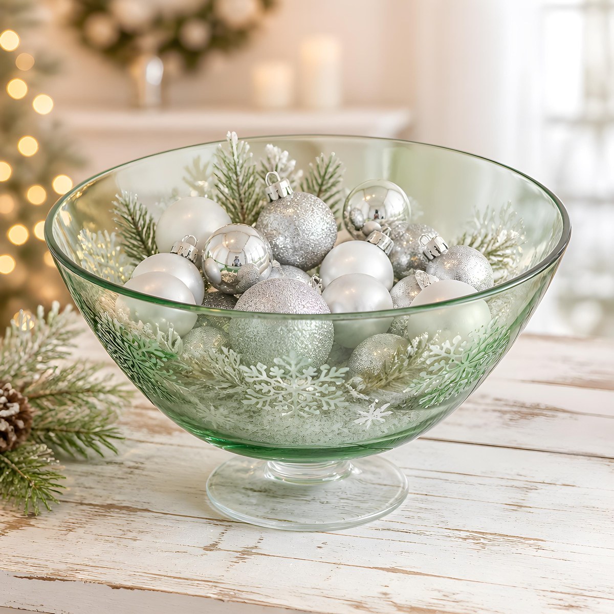 Vintage Green Glass Snowflake Pedestal Bowl FTD Compote Christmas Centerpiece, view 16