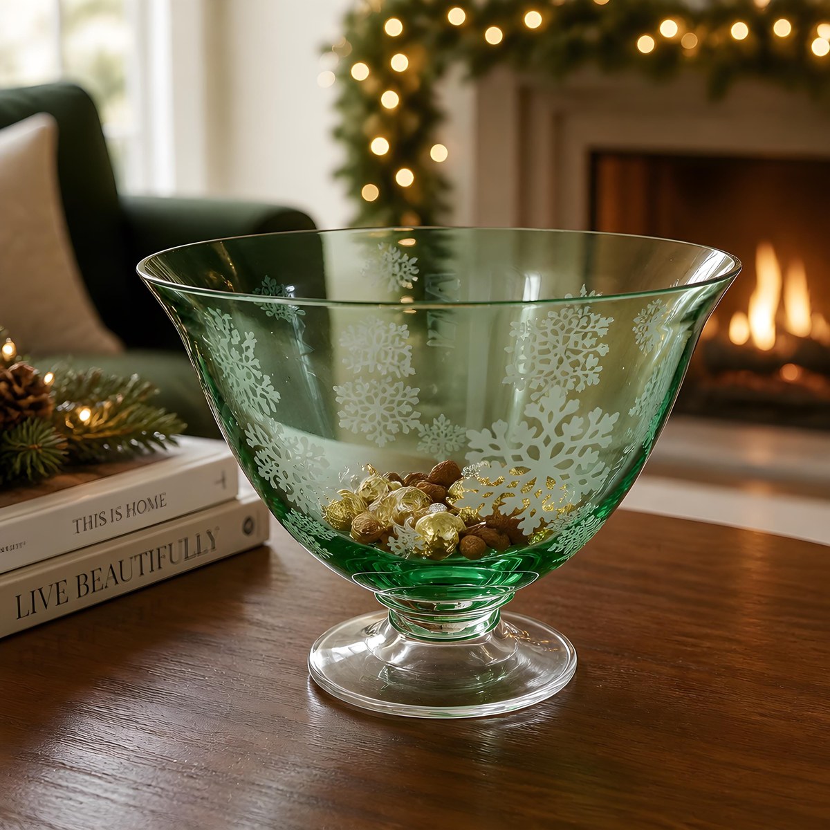 Vintage Green Glass Snowflake Pedestal Bowl FTD Compote Christmas Centerpiece, view 17