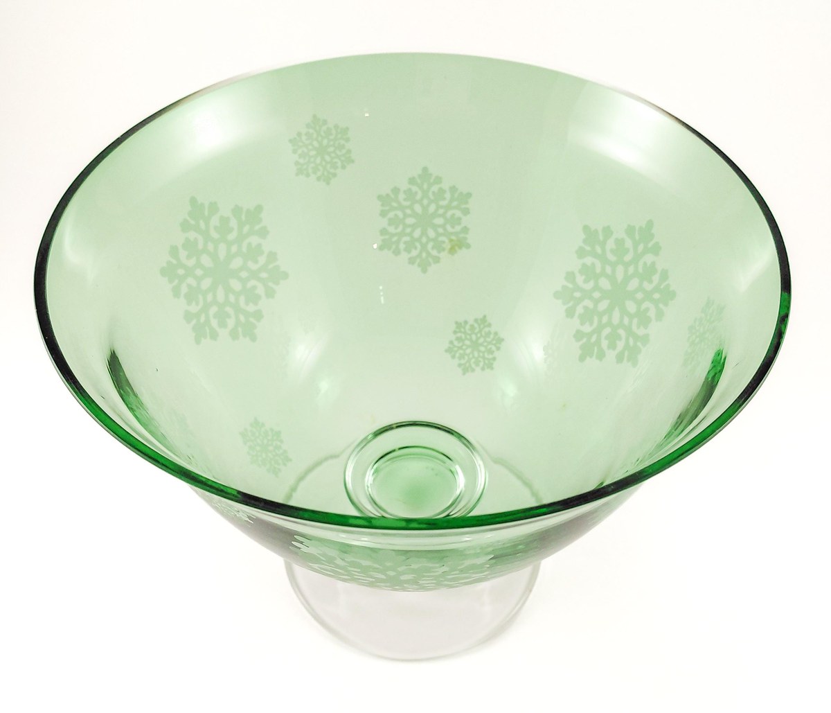 Vintage Green Glass Snowflake Pedestal Bowl FTD Compote Christmas Centerpiece, view 2