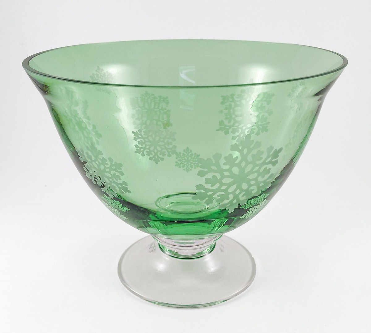 Vintage Green Glass Snowflake Pedestal Bowl FTD Compote Christmas Centerpiece, view 3