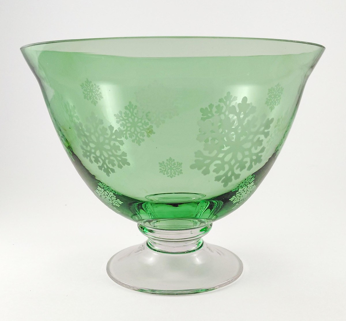 Vintage Green Glass Snowflake Pedestal Bowl FTD Compote Christmas Centerpiece, view 4