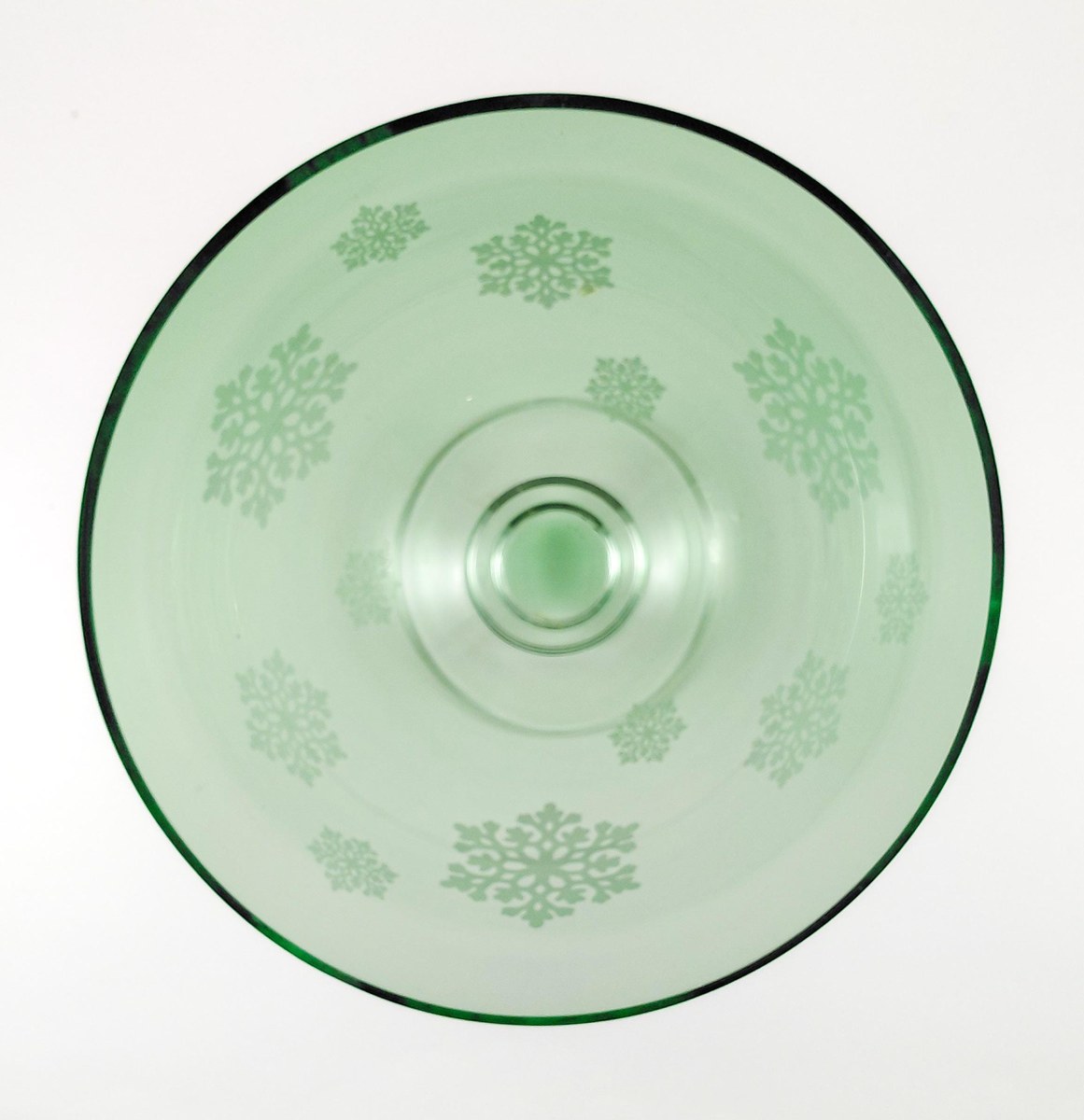 Vintage Green Glass Snowflake Pedestal Bowl FTD Compote Christmas Centerpiece, view 5