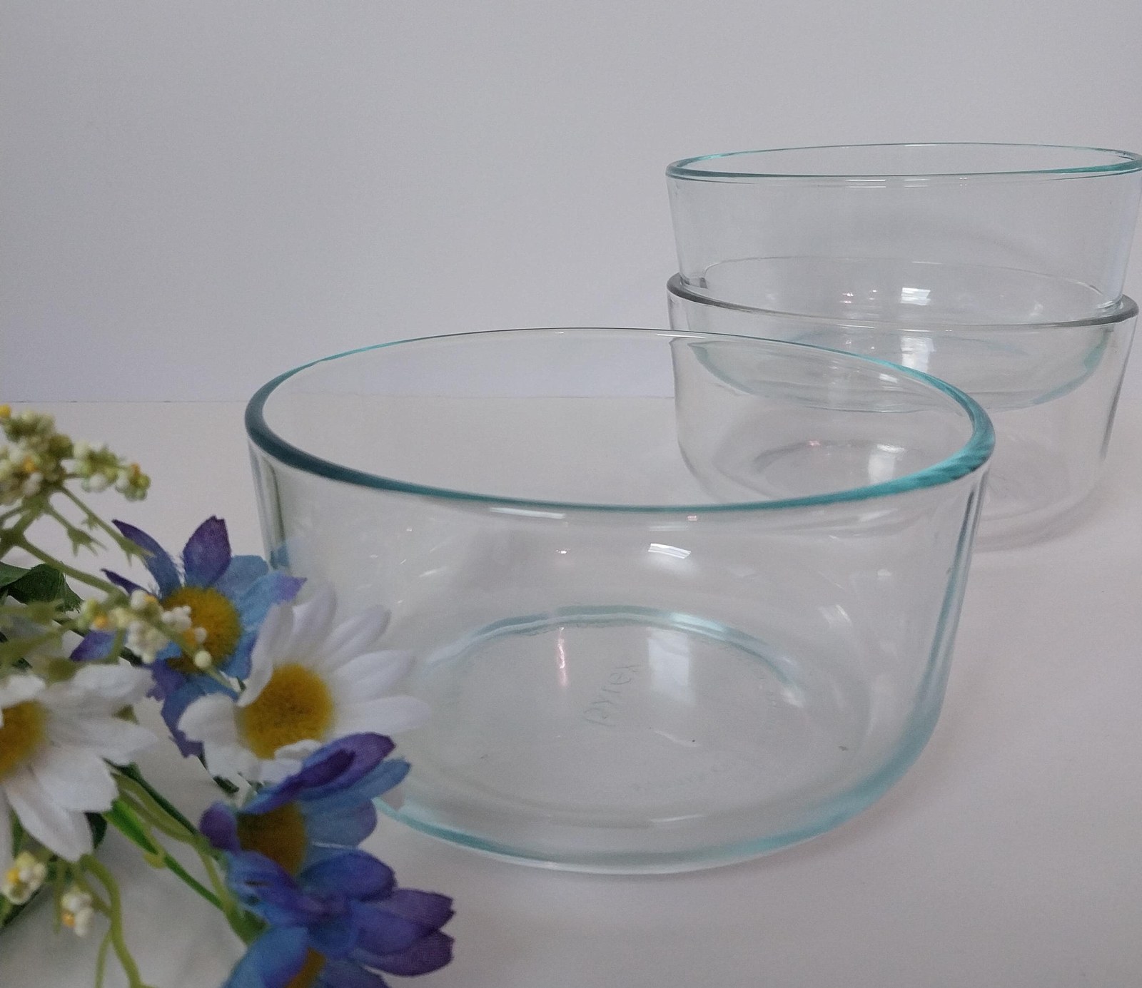 Vintage Pyrex Mixing Bowl Set: 3pc Blue-Green & Clear Glass, USA Made