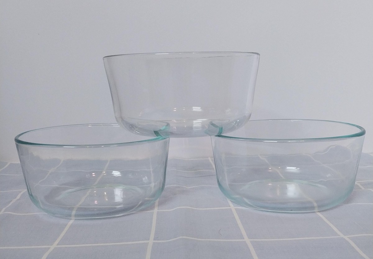 Vintage Pyrex Mixing Bowl Set: 3pc Blue-Green & Clear Glass, USA Made, view 2