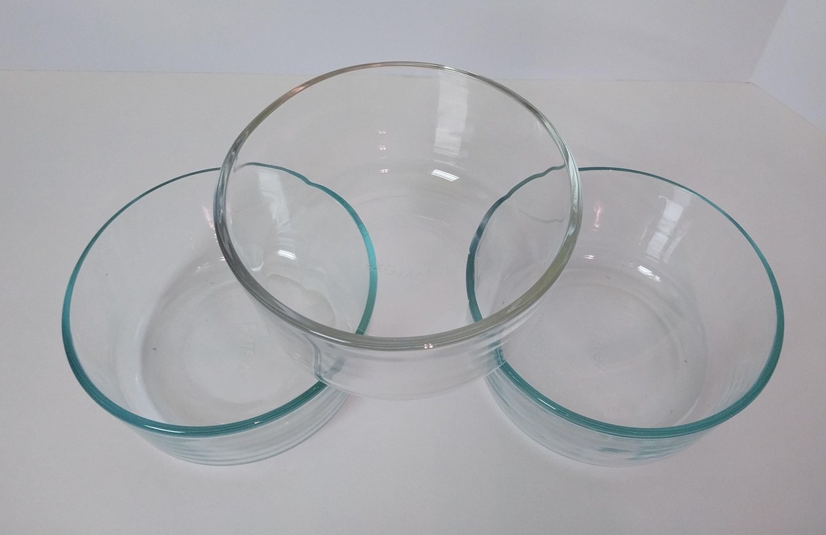 Vintage Pyrex Mixing Bowl Set: 3pc Blue-Green & Clear Glass, USA Made, view 5