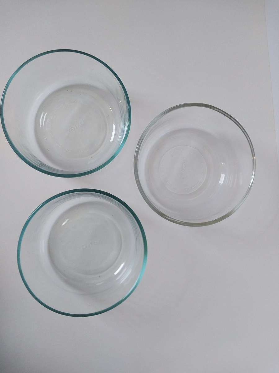 Vintage Pyrex Mixing Bowl Set: 3pc Blue-Green & Clear Glass, USA Made, view 6