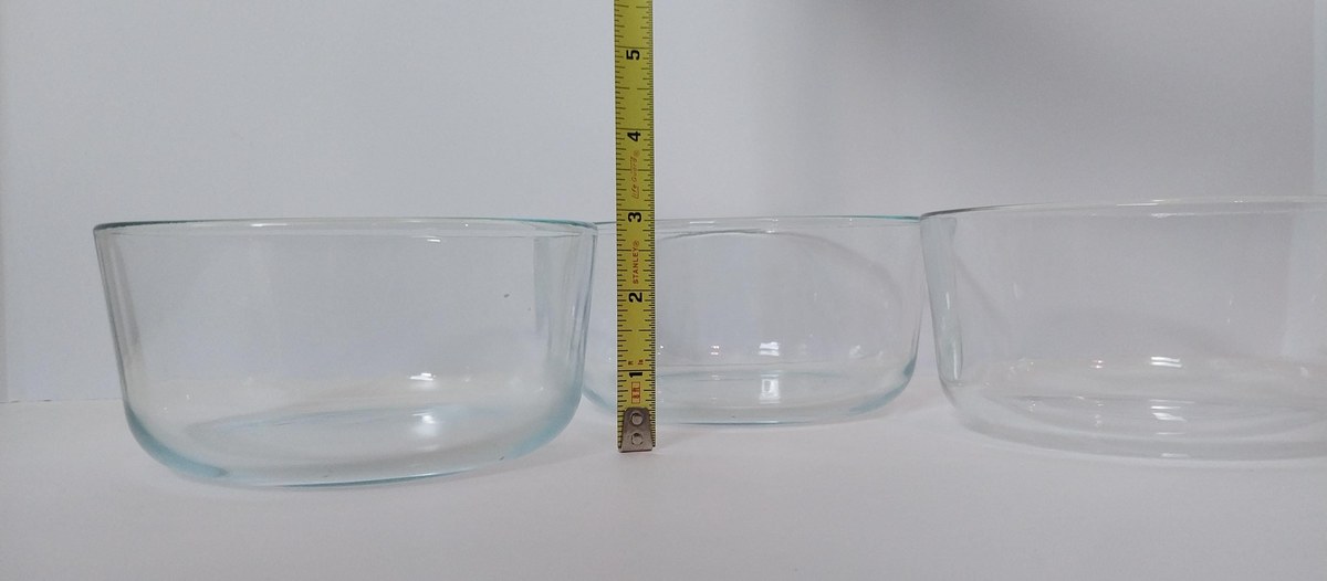 Vintage Pyrex Mixing Bowl Set: 3pc Blue-Green & Clear Glass, USA Made, view 9