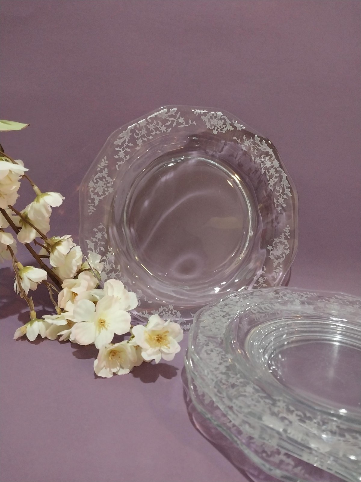 Fostoria Etched Crystal Plates (4) - Navarre Pattern 327 - Vintage Tableware