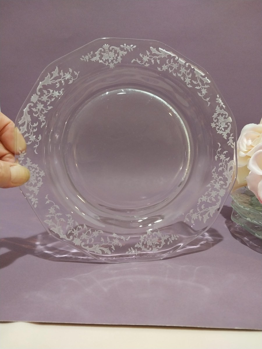 Fostoria Etched Crystal Plates (4) - Navarre Pattern 327 - Vintage Tableware, view 2