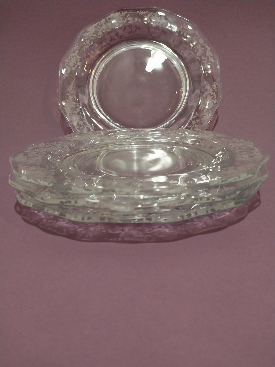 Fostoria Etched Crystal Plates (4) - Navarre Pattern 327 - Vintage Tableware, view 7
