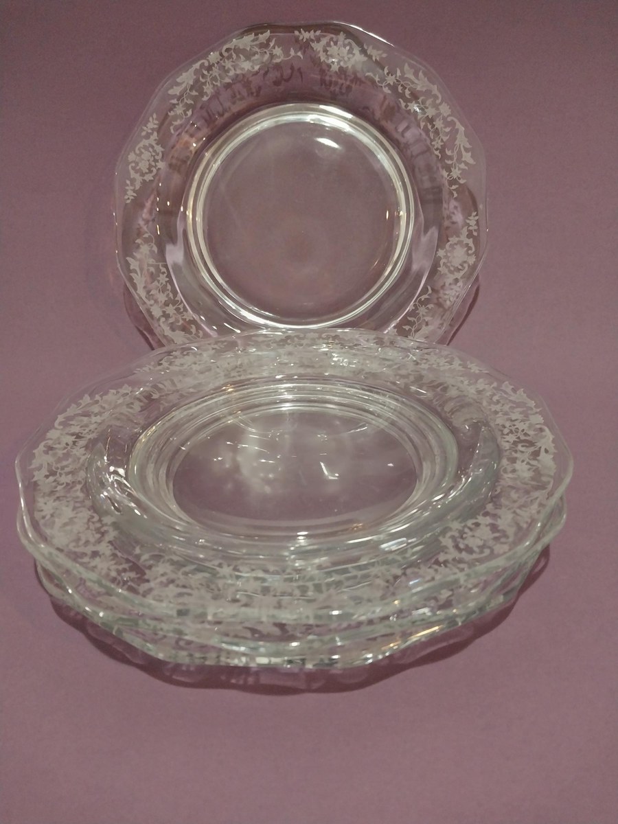 Fostoria Etched Crystal Plates (4) - Navarre Pattern 327 - Vintage Tableware, view 8