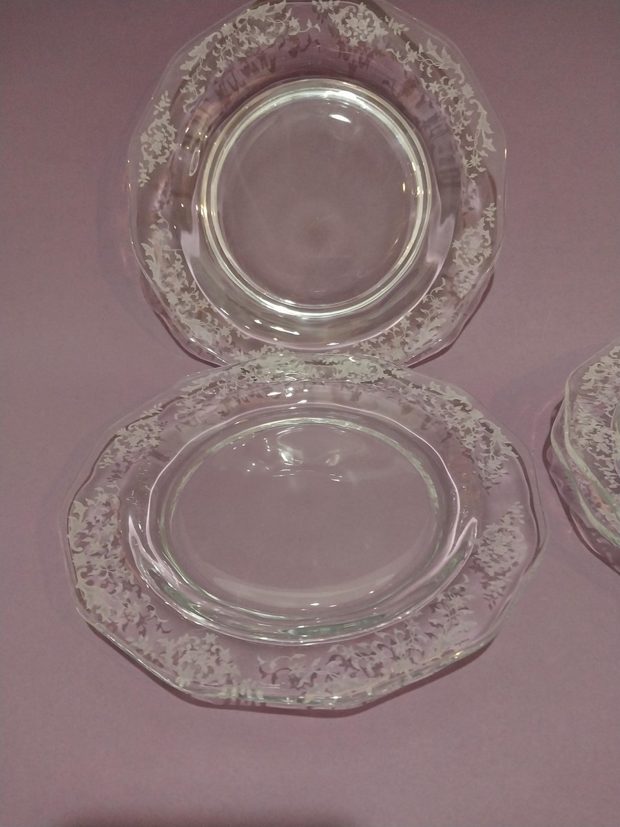 Fostoria Etched Crystal Plates (4) - Navarre Pattern 327 - Vintage Tableware, view 9