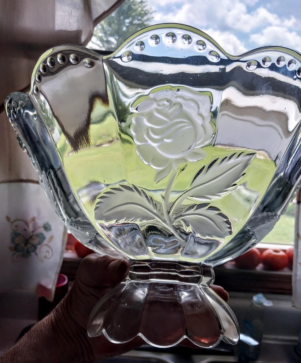 1960s Crystal Compote Bowl: Imperlux Frosted Rose Centerpiece, view 10